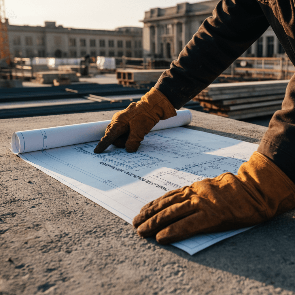 Bauarbeiter mit Bauplan auf der Baustelle