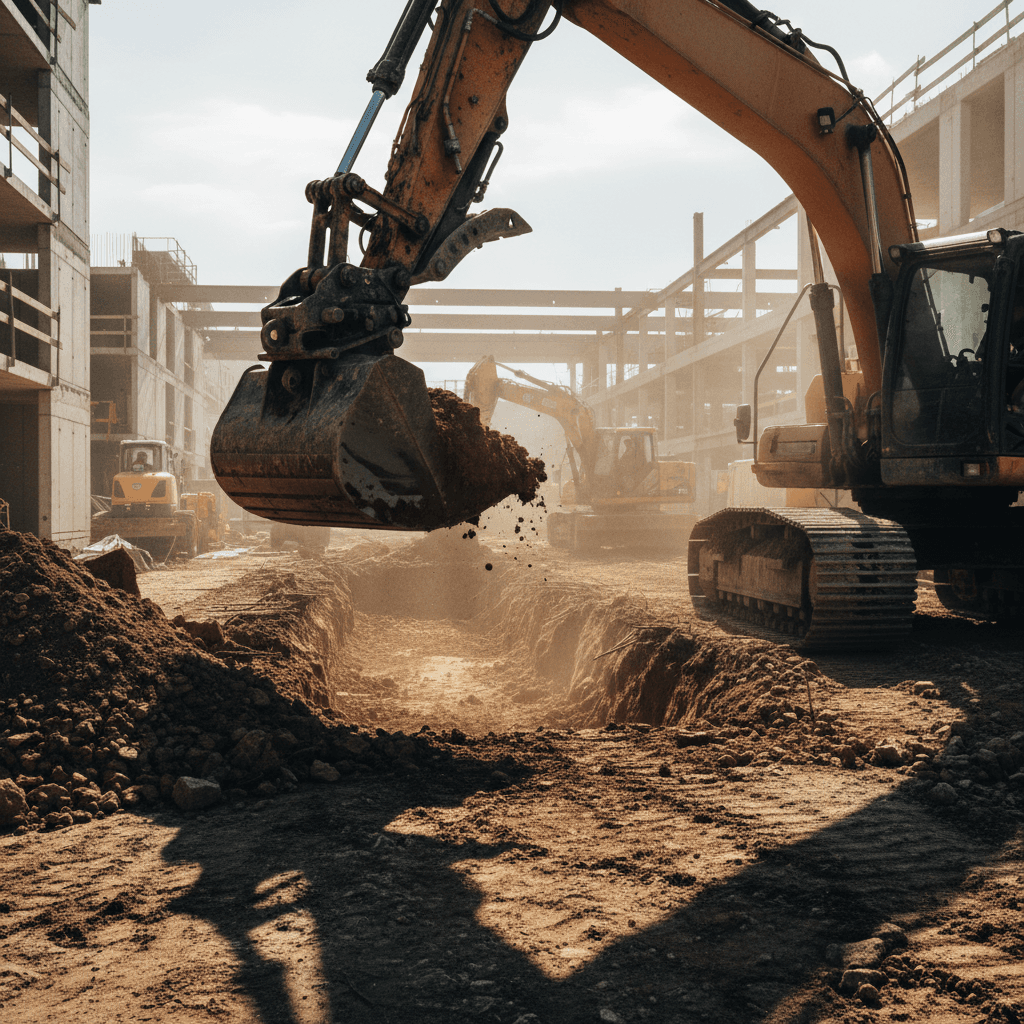 Tiefbau und Erdarbeiten - Baggerarbeiten auf einer Baustelle in Berlin