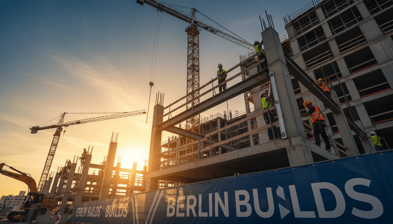 Professionelle Baustelle in Berlin mit Arbeitern in Sicherheitsausrüstung bei Hochbauarbeiten