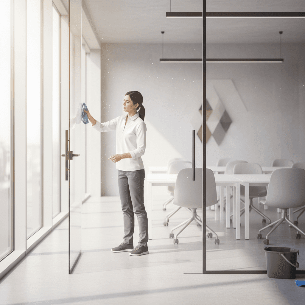 Professionelle Gebäudereinigung - Reinigungskraft bei der Arbeit in modernem Büro