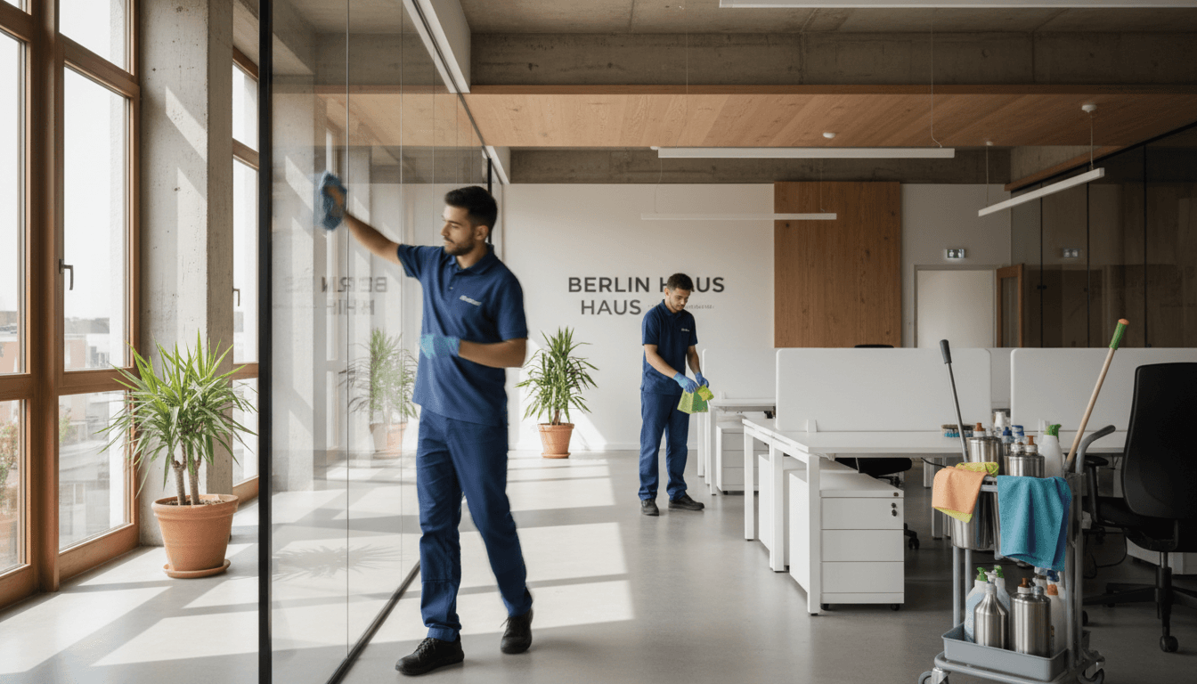 Professionelle Reinigungskraft beim Reinigen eines Büroraums in Berlin