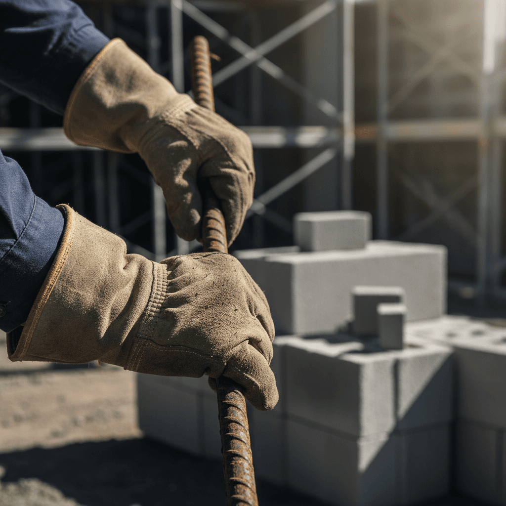Hochbauarbeiten mit Betonfundament und Stahlarmierung