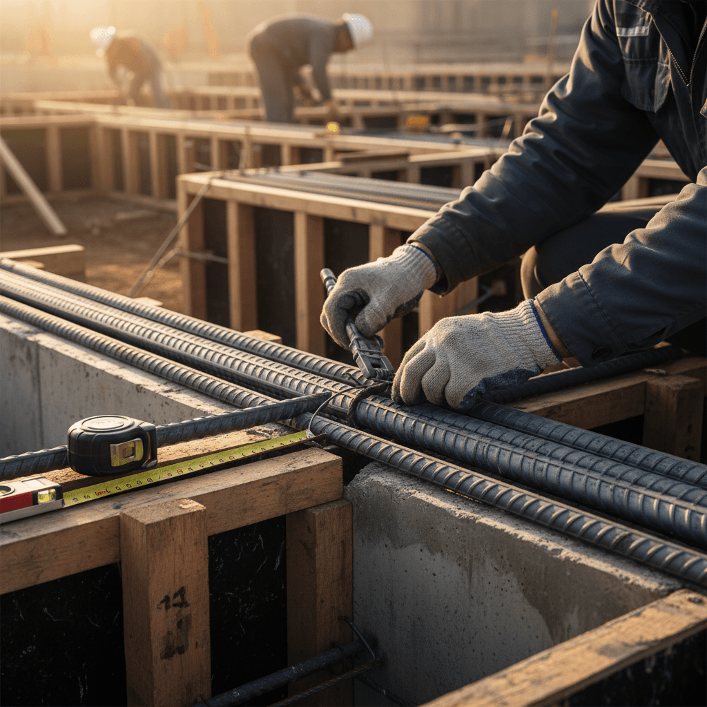 Handwerker bei präzisen Mesarbeiten auf einer Baustelle in Berlin